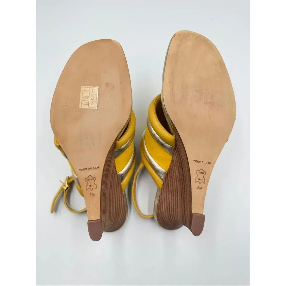 Tory Burch Yellow Metallic Puffy Leather Wedge Sandal Slingback Open Toe Size 9M